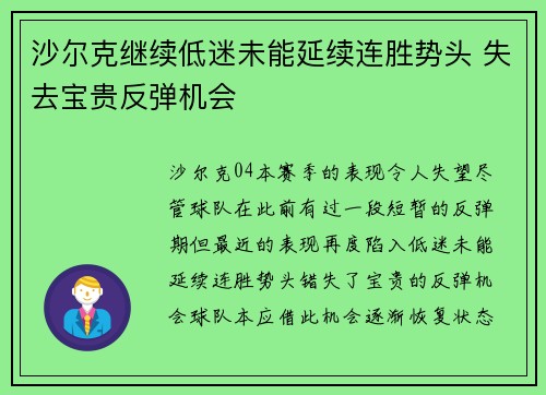 沙尔克继续低迷未能延续连胜势头 失去宝贵反弹机会