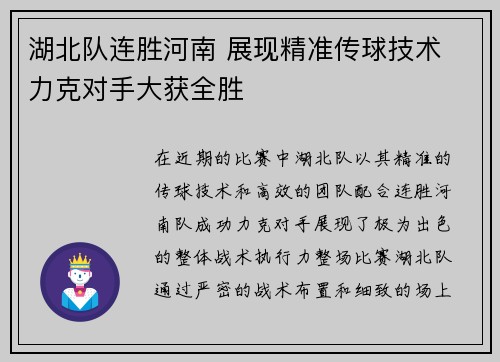 湖北队连胜河南 展现精准传球技术 力克对手大获全胜