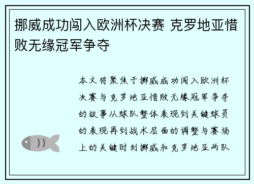 挪威成功闯入欧洲杯决赛 克罗地亚惜败无缘冠军争夺
