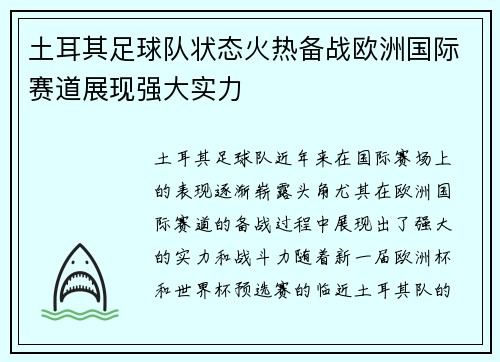 土耳其足球队状态火热备战欧洲国际赛道展现强大实力