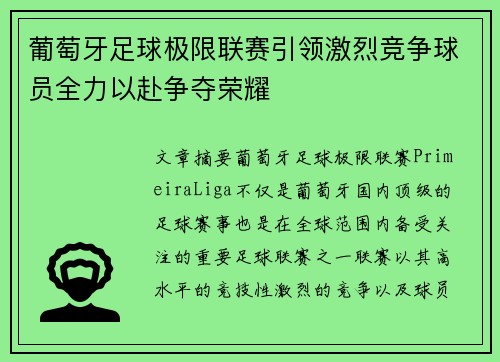 葡萄牙足球极限联赛引领激烈竞争球员全力以赴争夺荣耀