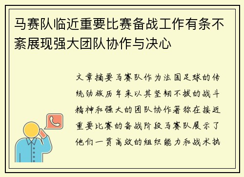 马赛队临近重要比赛备战工作有条不紊展现强大团队协作与决心